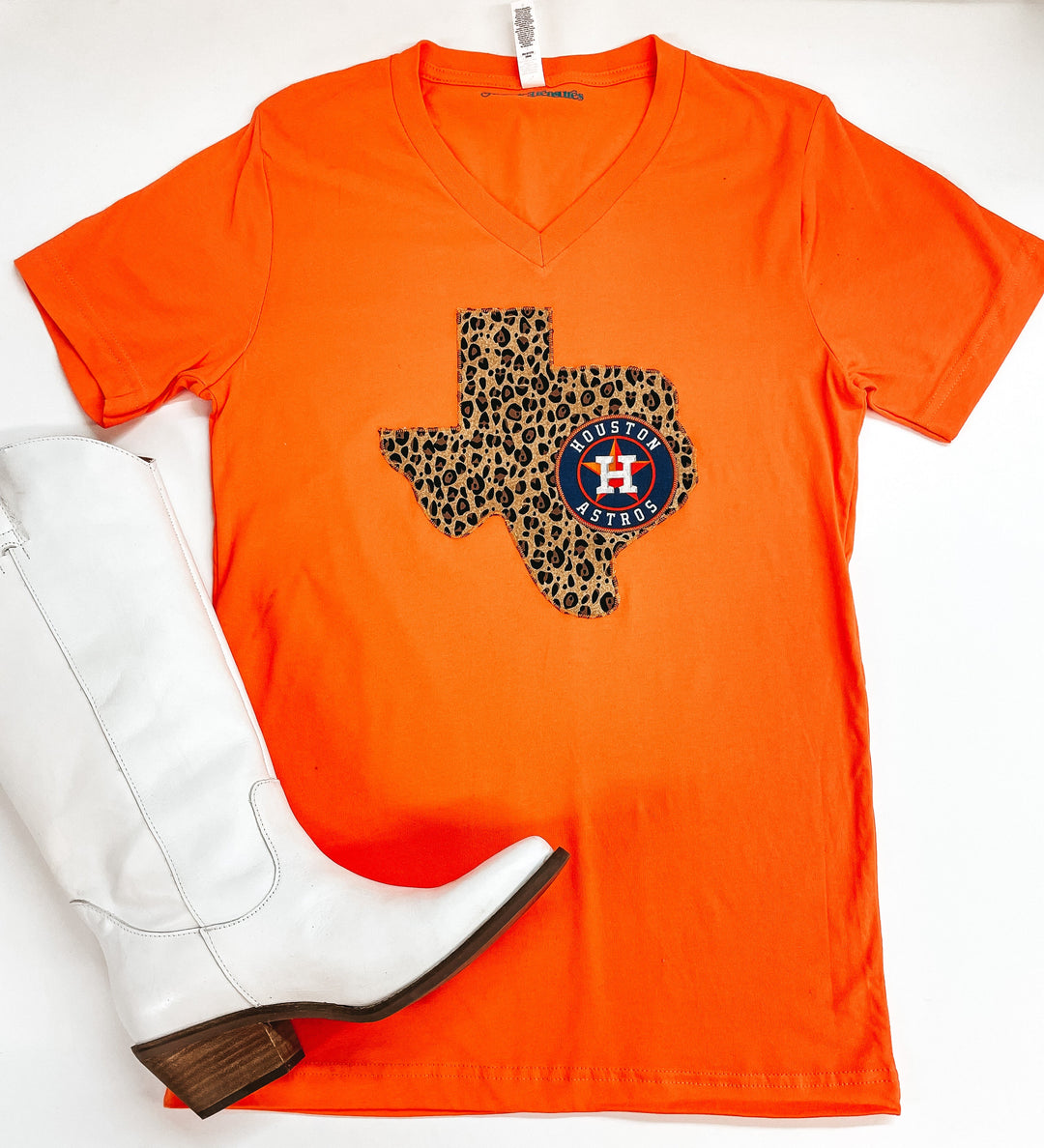 Astros Game Day | Houston Astros Leopard Print Texas Short Sleeve Graphic Tee in Orange - Giddy Up Glamour Boutique