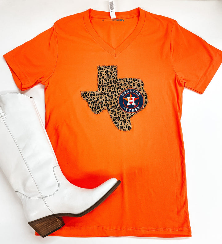 Astros Game Day | Houston Astros Leopard Print Texas Short Sleeve Graphic Tee in Orange - Giddy Up Glamour Boutique