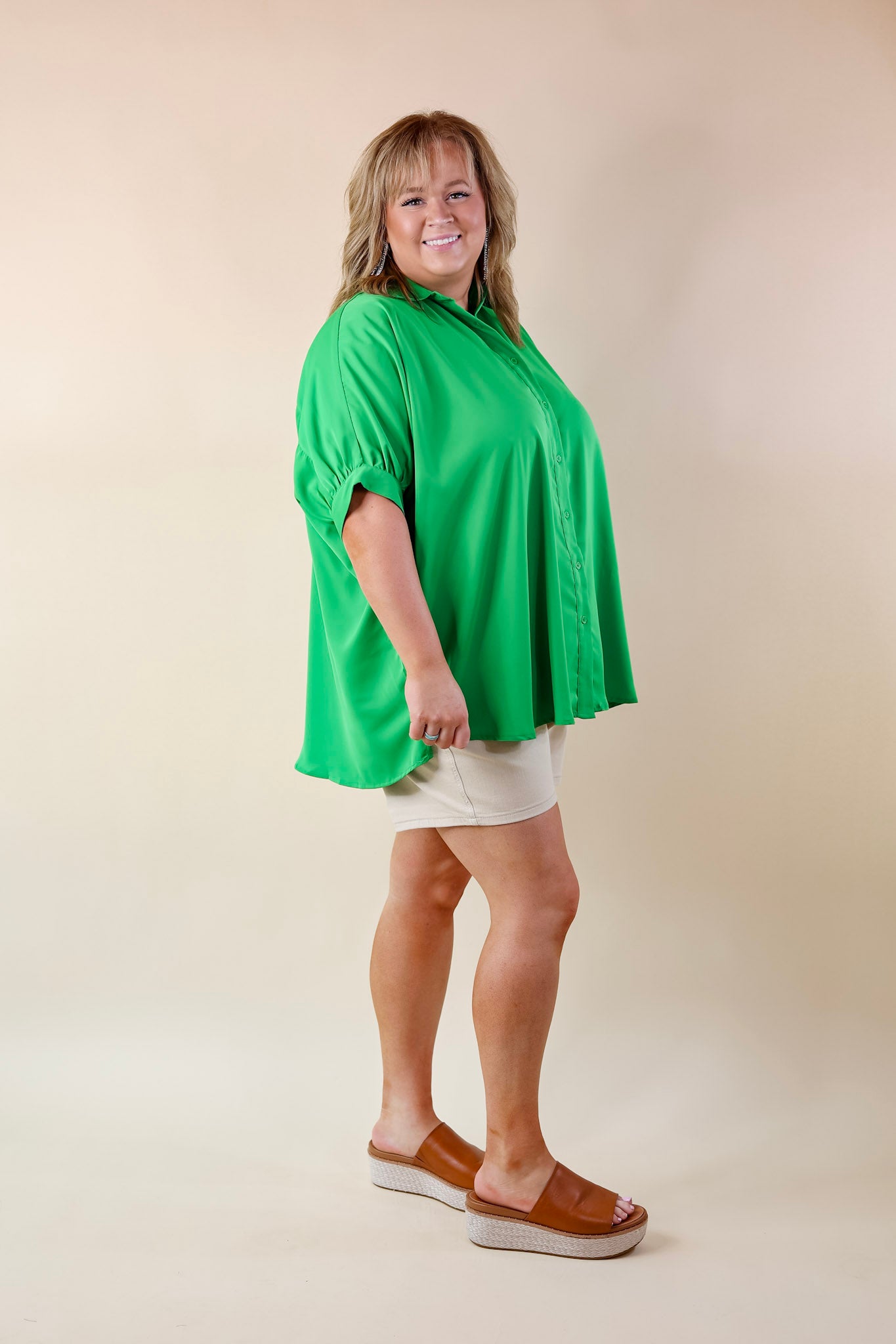 City Lifestyle Button Up Half Sleeve Poncho Top in Green - Giddy Up Glamour Boutique