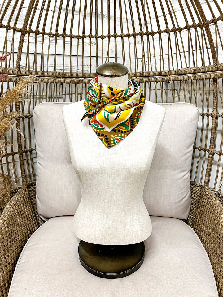 Golden Harvest Floral Fall Tones Silk Feel Square Scarf in Mustard, Green & Rust