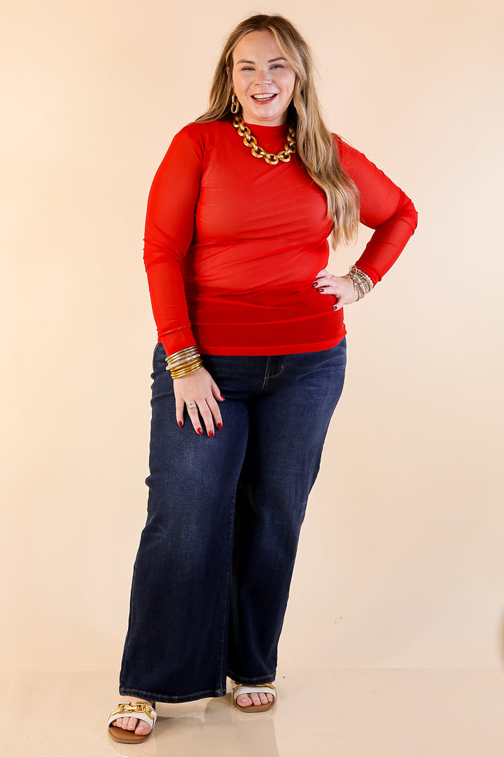 Sheer Confidence Solid Mesh Long Sleeve Top in Red