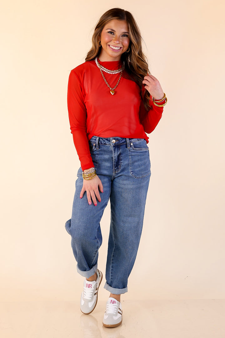 Sheer Confidence Solid Mesh Long Sleeve Top in Red