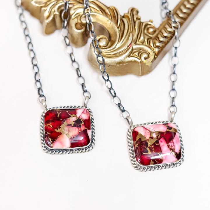 Square Rose Dahlia stone necklaces with rope-edge sterling silver settings on oxidized chains, handmade by Navajo artist Augustine Largo.