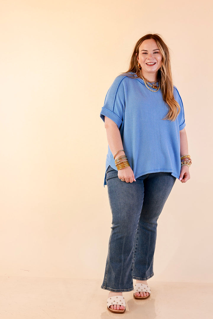 Daily Perfection Scoop Neck Short Sleeve Ribbed Top in Sky Blue
