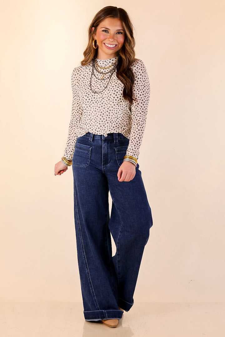 Western Dream Black Star Print Mesh Long Sleeve Top in Ivory