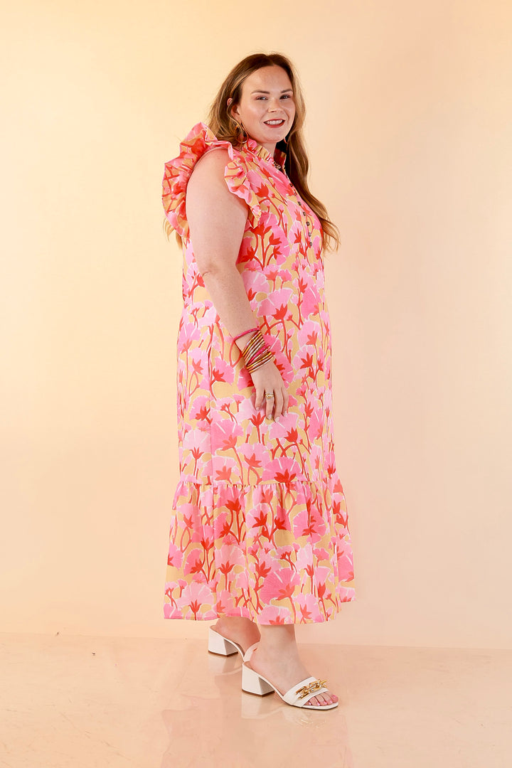 Chasing Sunshine Floral Print Ruffle Sleeve Midi Dress with Button Front and Tiered Hem in Pink, Yellow and Coral Orange