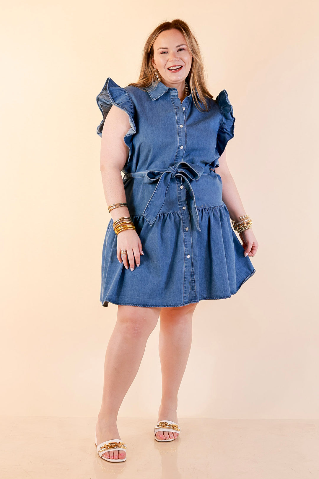 Ruffled up Ruffle Sleeve Button Front Denim Dress with Collar and Peplum Hem in Medium Wash
