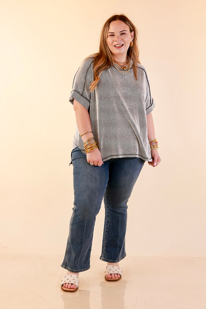 Daily Perfection Scoop Neck Short Sleeve Ribbed Top in Black and White Mix