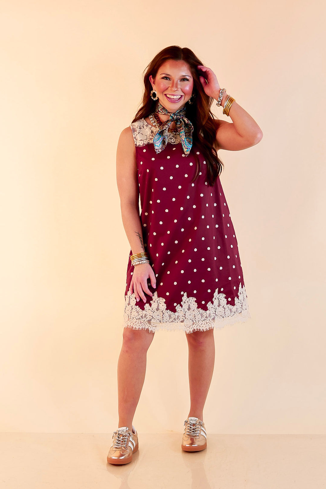 Lovely Little Details Polka Dot Lace Trim Sleeveless Shift Dress in Maroon and Ivory