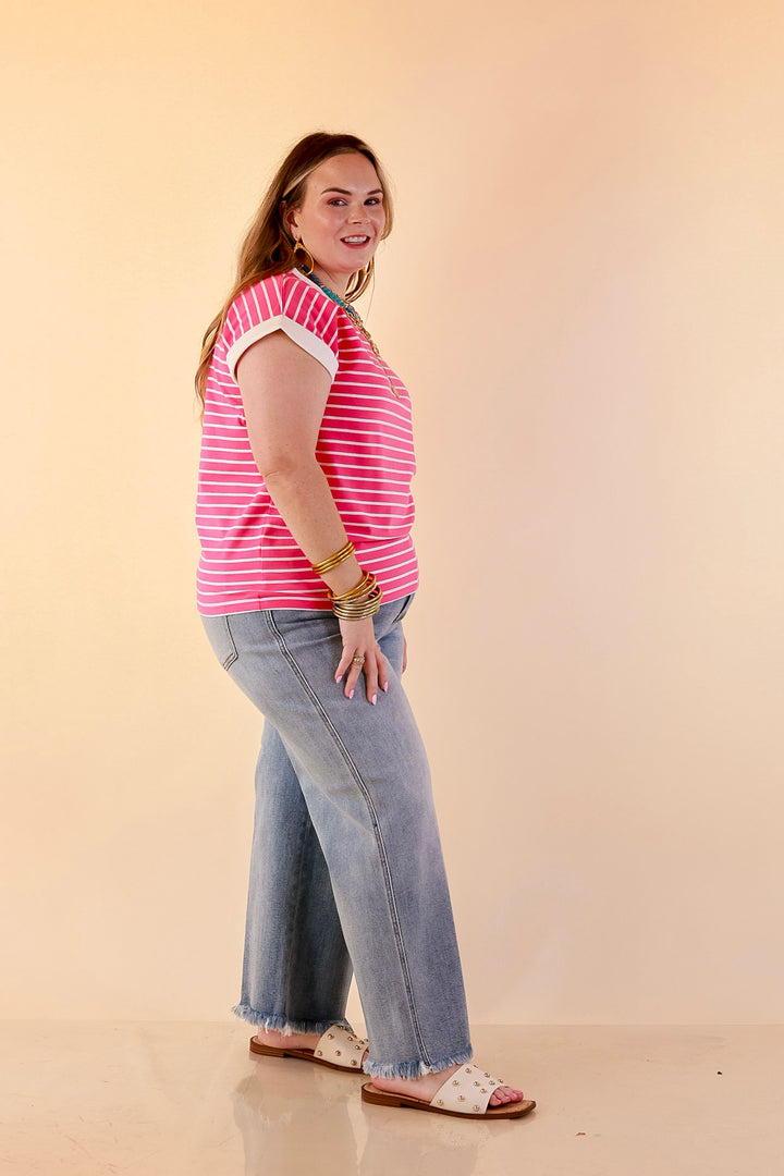 Right on Repeat Scoop Neck Cap Sleeve with Contrast Trim Striped Tee Top in Fuchsia Pink