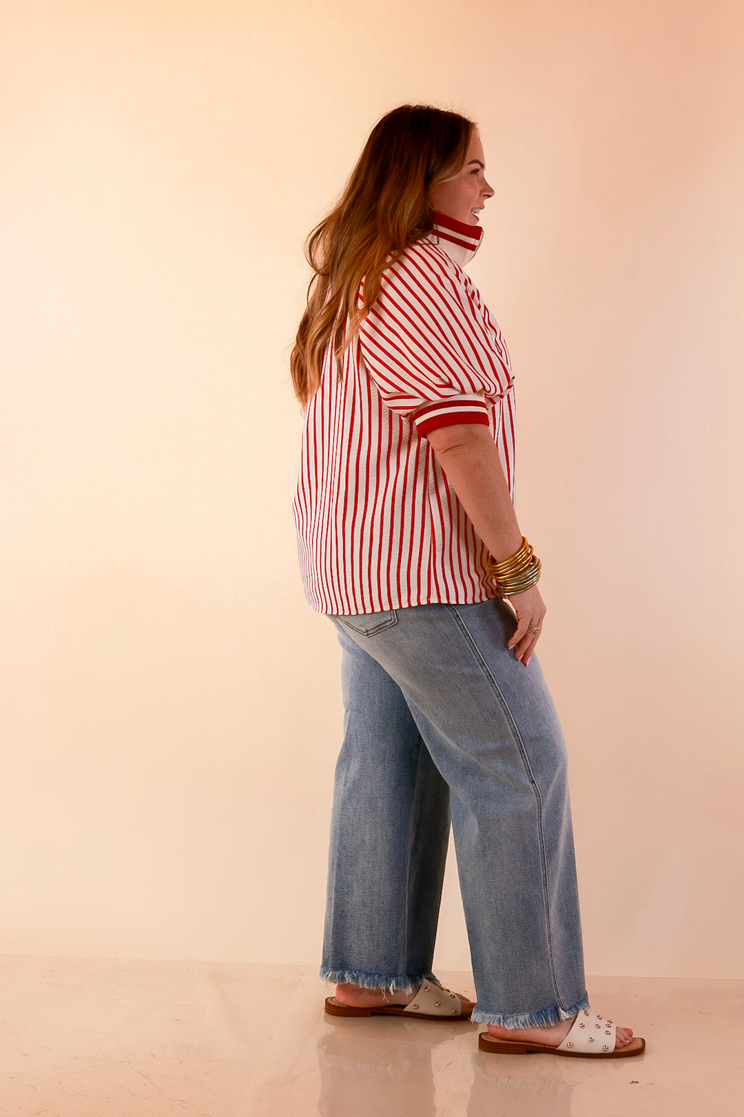 Bold Instincts Striped Print Half Zip Top with Puff Sleeves in Red and Ivory