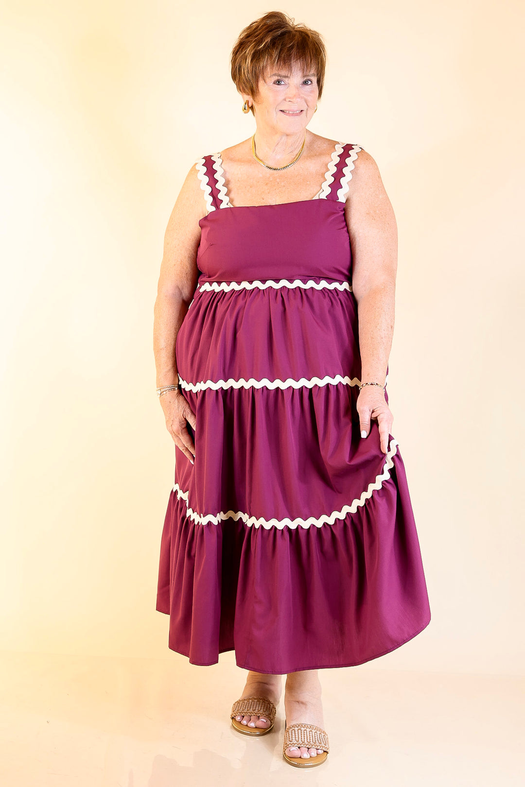 Timeless Twirl Midi Dress with Rickrack Detailing in Plum Maroon