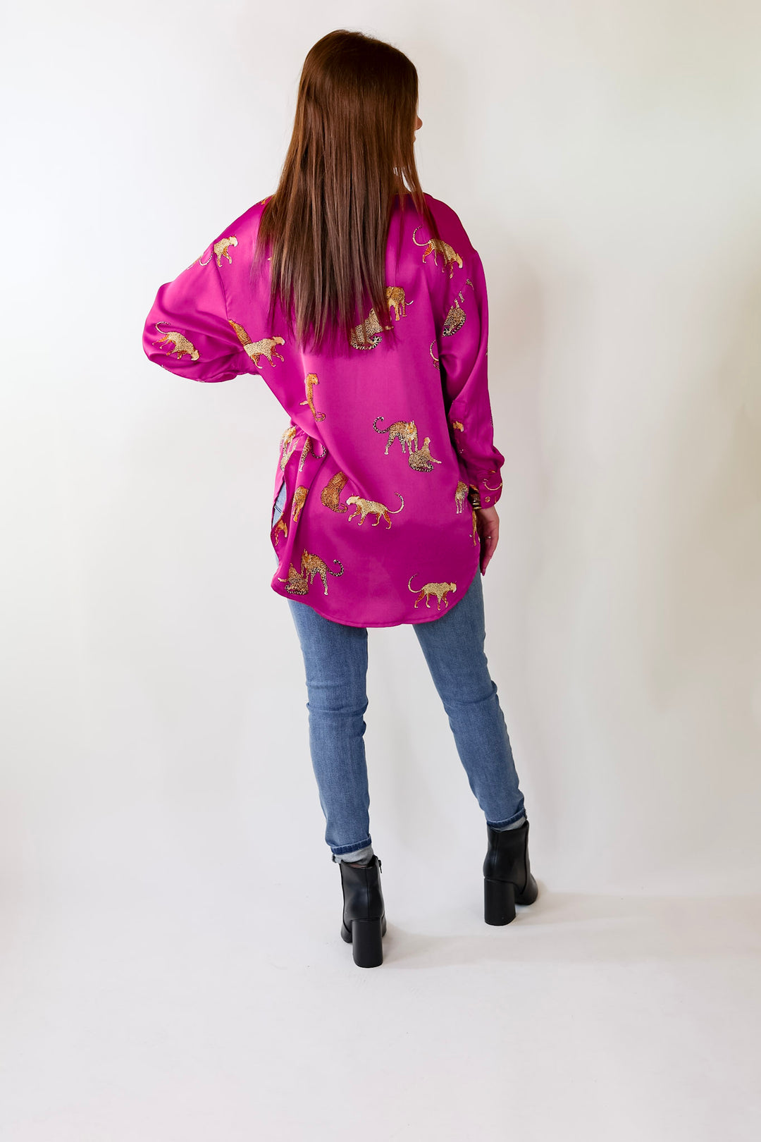 Tell Me Something Good Cheetah Print Long Sleeve Button Up Top in Magenta Pink - Giddy Up Glamour Boutique