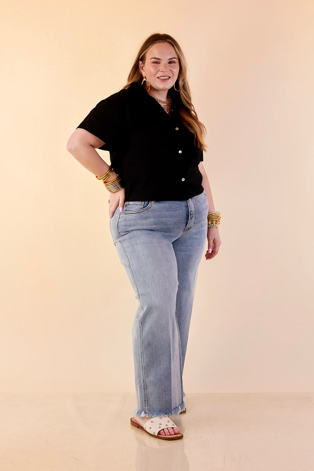 Casual Composure Button Front Short Sleeve Linen Top in Black