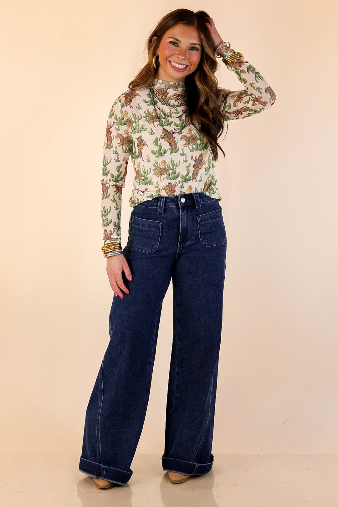 Western Dream Cowboy and Cacti Print Long Sleeve Mesh Top in Ivory