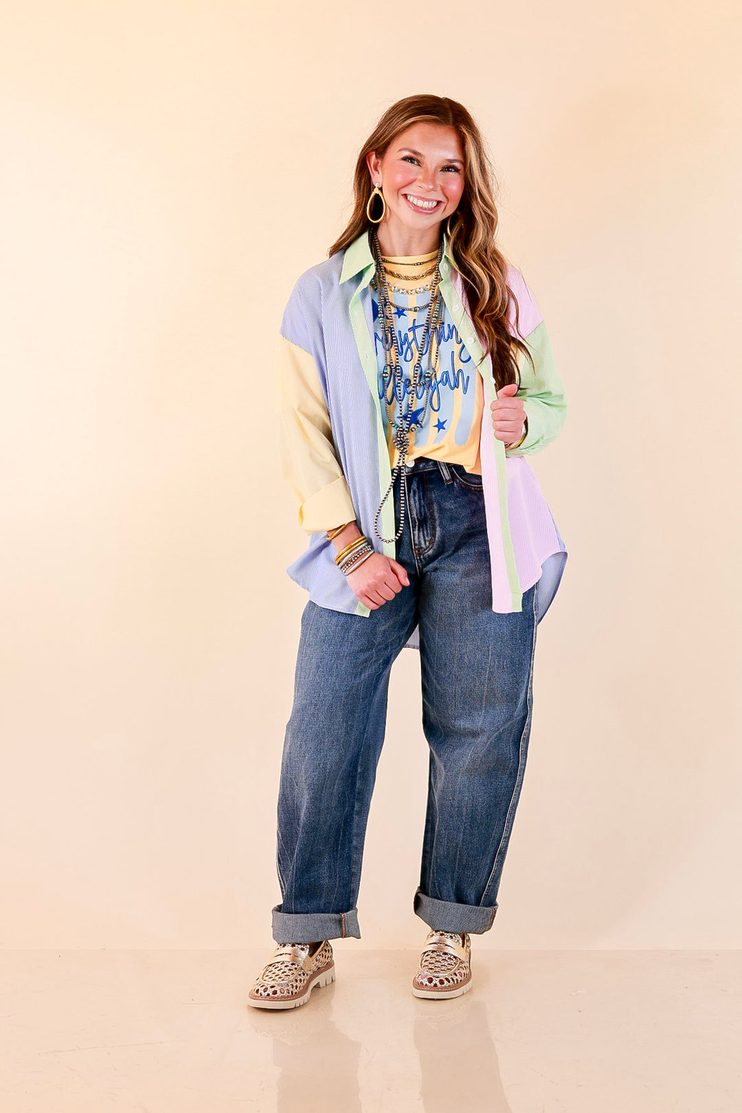 GUG Original | Sweet Harmony Long Sleeve Button Down Color Block Pinstripe Shirt in Bright Mix