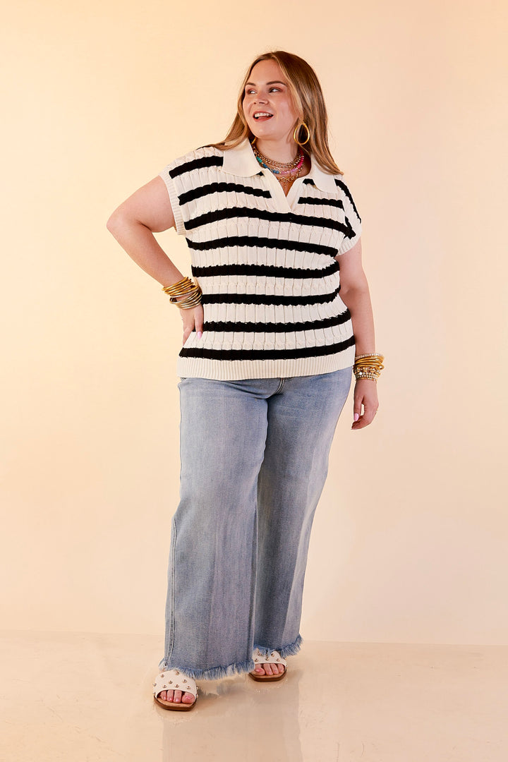 Signature Stripe Drop Shoulder Cable Knit Collared Polo Top in Ivory with Black Stripes