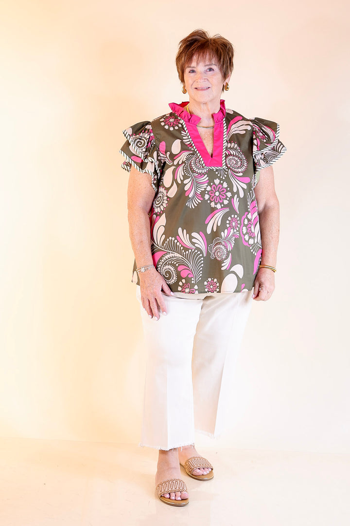 First Impressions V Neck Paisley Top with Ruffle Cap Sleeves and Stripe Detailing in Olive Green