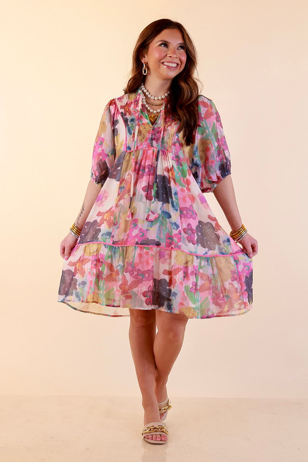 Painted Pretty Floral Print Smocked Yoke Dress with Tie Neckline and Puff Sleeves in Pink Mix