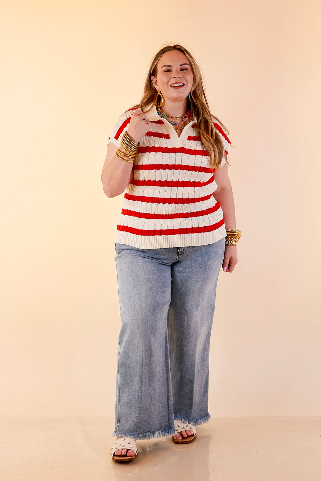 Signature Stripe Drop Shoulder Cable Knit Collared Polo Top in Ivory with Red Stripes