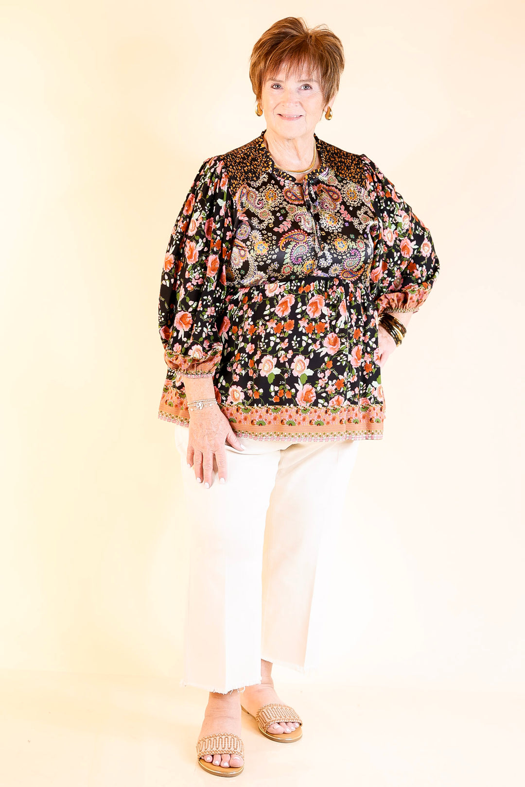 Floral Fusion Long Sleeve Floral Print Top in Black