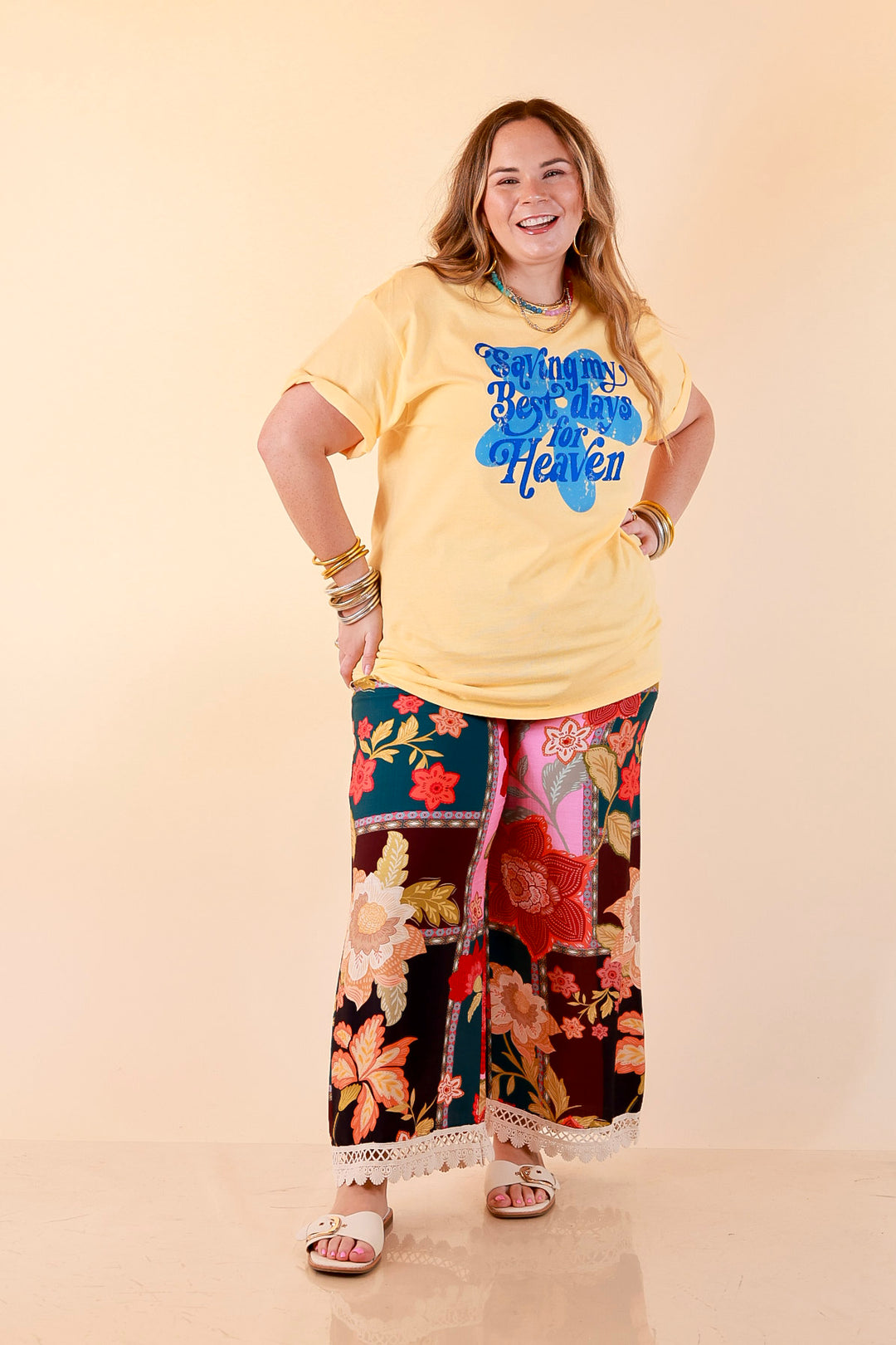 Good Things Coming "Saving My Best Days for Heaven" Flower Print Short Sleeve Graphic Tee in Butter Yellow