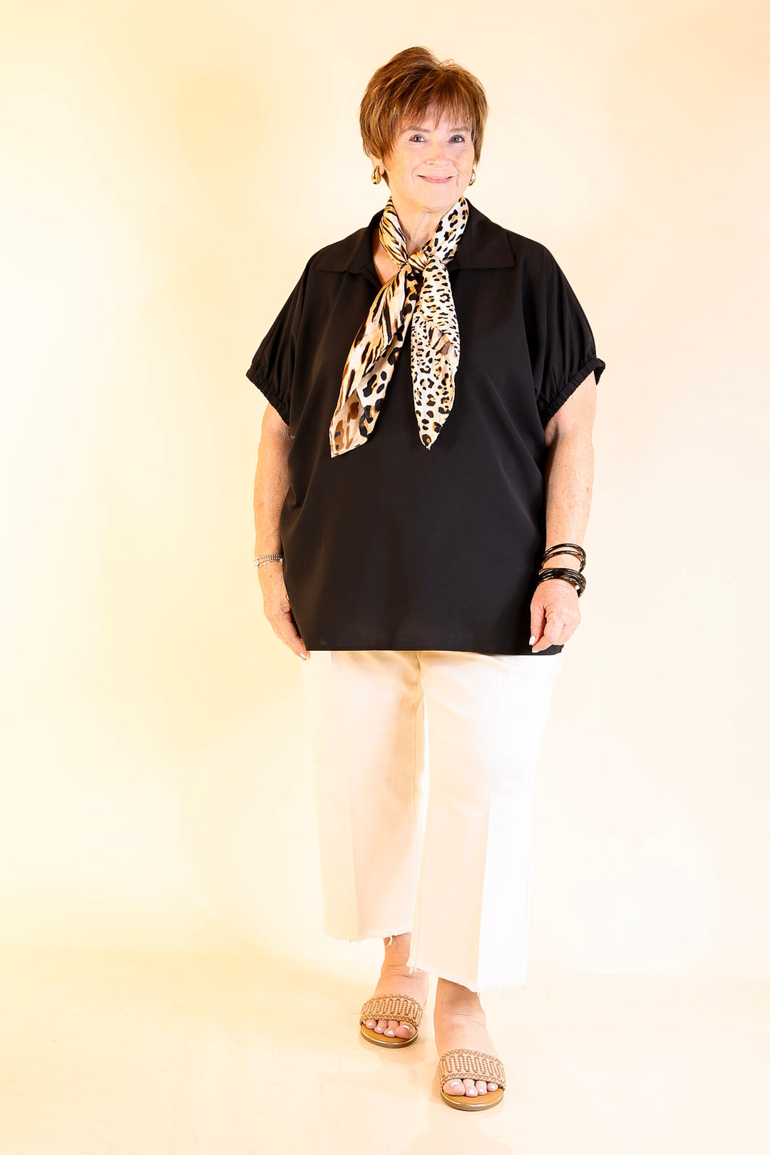 Fresh Start Collared V-Neck Blouse With Drop Shoulder in Black