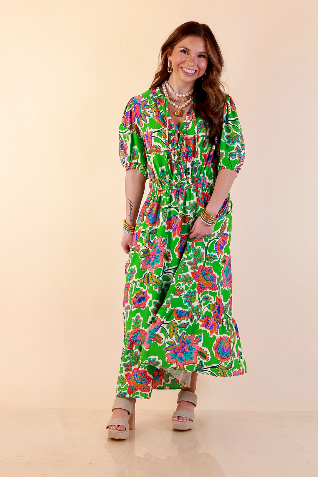 Color Me Happy Floral Print Midi Dress with Tie Neckline and Puff Sleeves in Green