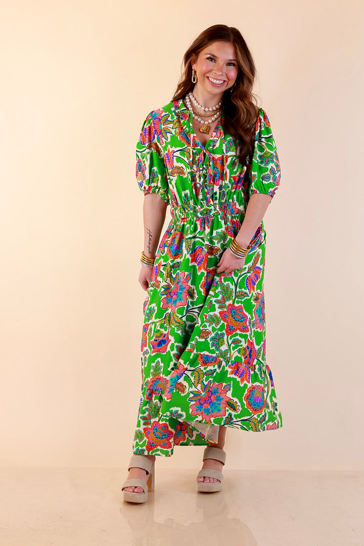 Color Me Happy Floral Print Midi Dress with Tie Neckline and Puff Sleeves in Green