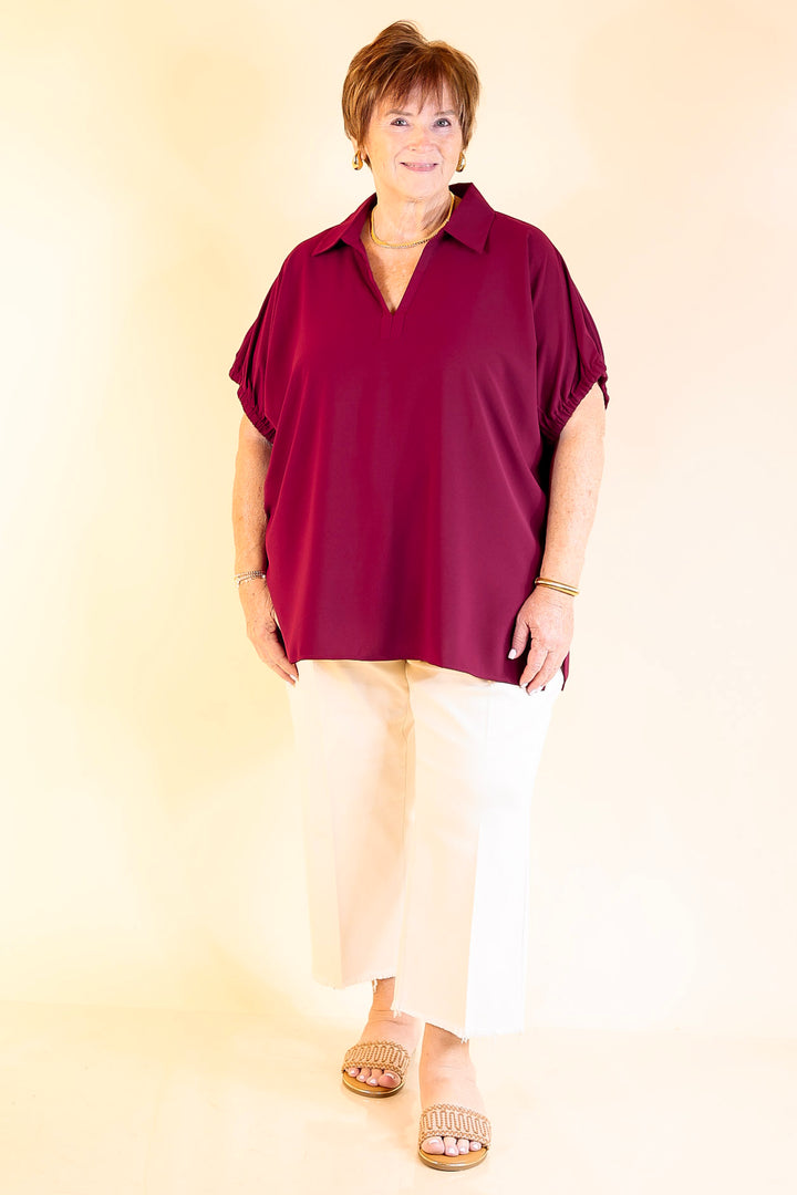 Fresh Start Collared V-Neck Blouse With Drop Shoulder in Maroon