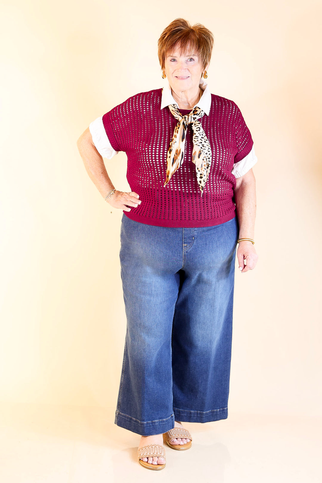 Breezy Intentions Open Knit Short Sleeve Sweater in Maroon