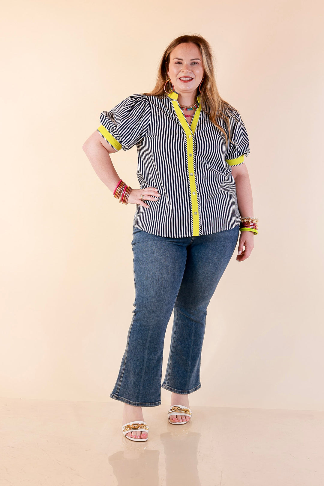 Pop of Polish Short Puff Sleeve Button Front Top with Contrast Trim in Navy Blue, White and Lime