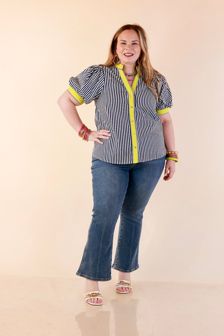 Pop of Polish Short Puff Sleeve Button Front Top with Contrast Trim in Navy Blue, White and Lime