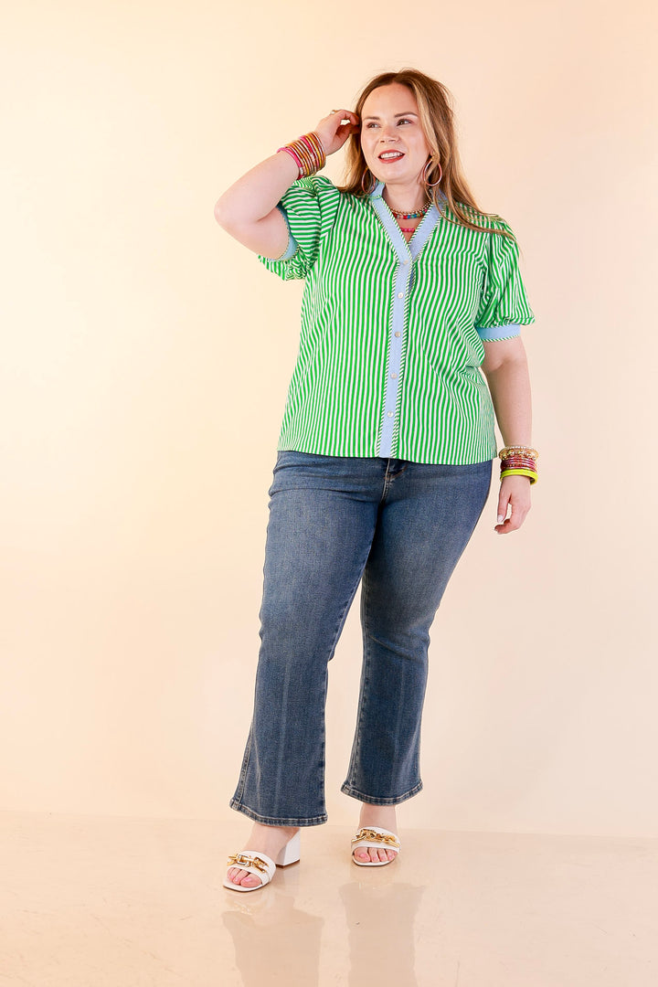 Pop of Polish Short Puff Sleeve Button Front Top with Contrast Trim in Kelly Green, White and Sky Blue
