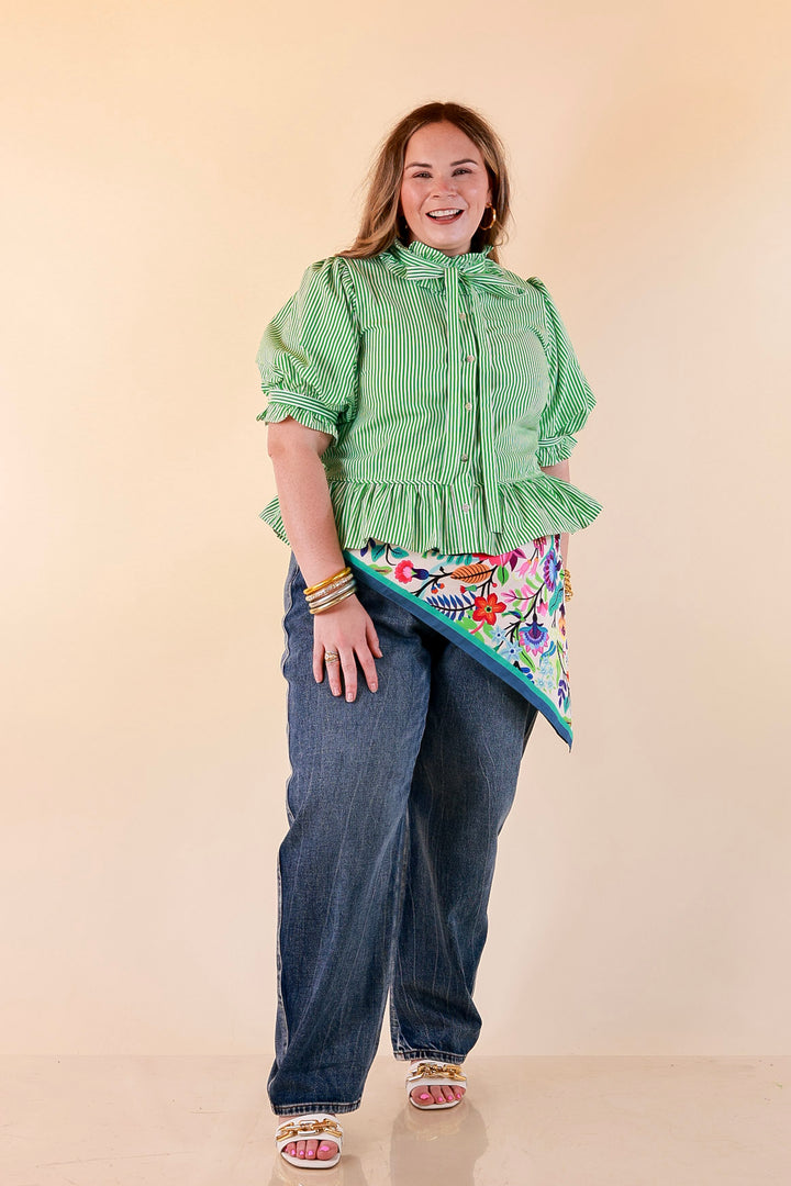 Tea Time Charm Tie Neck Puff Sleeve Peplum Button Front Stripe Blouse in Kelly Green