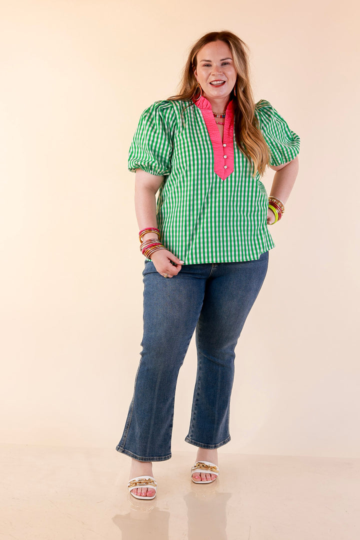Polished &amp; Playful Short Puff Sleeve Gingham Top with Contrast Hot Pink Trim in Green and White