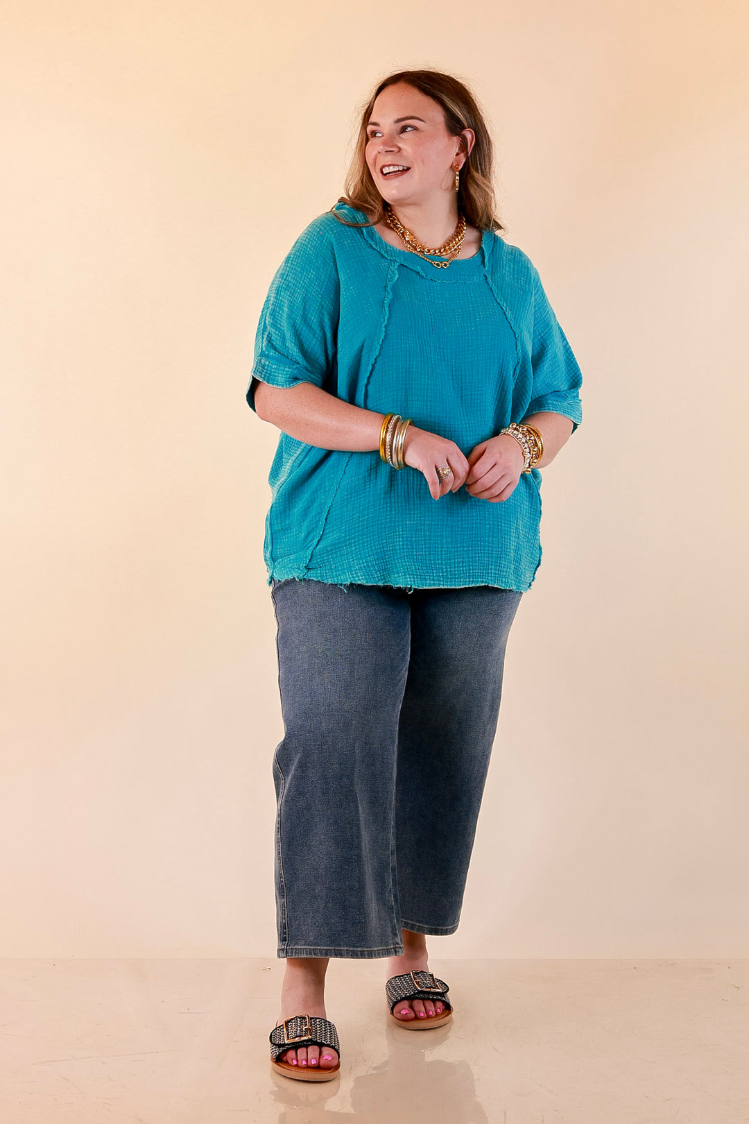 Everyday Ease Short Sleeve Linen Top with Raw Hem Edges in Turquoise Blue