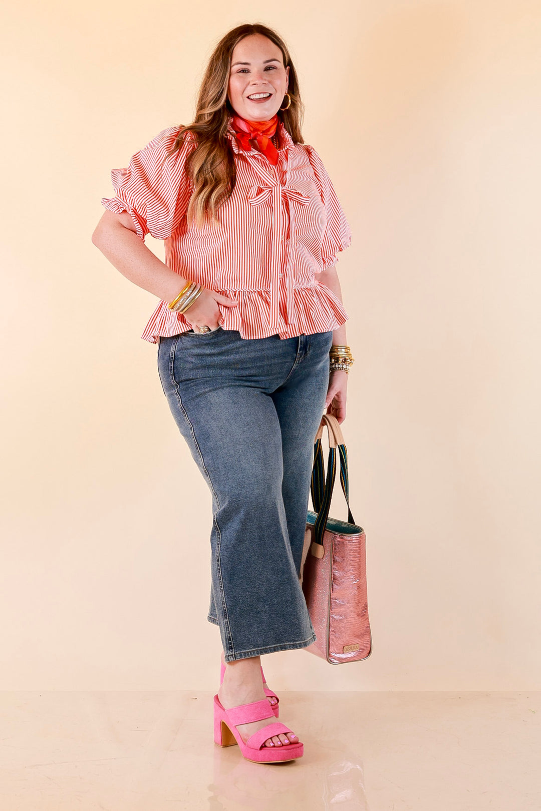 Tea Time Charm Tie Neck Puff Sleeve Peplum Button Front Stripe Blouse in Orange