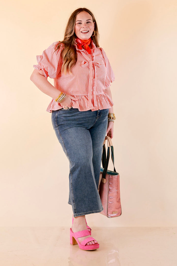 Tea Time Charm Tie Neck Puff Sleeve Peplum Button Front Stripe Blouse in Orange