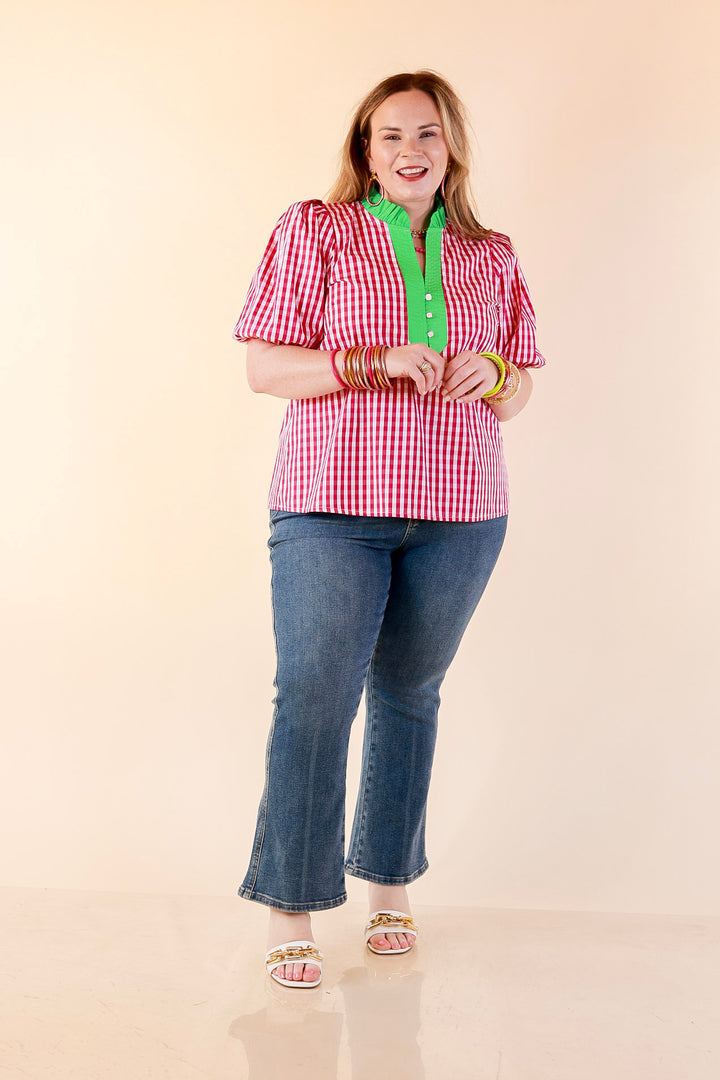 Polished &amp; Playful Short Puff Sleeve Gingham Top with Contrast Green Trim in Hot Pink and White