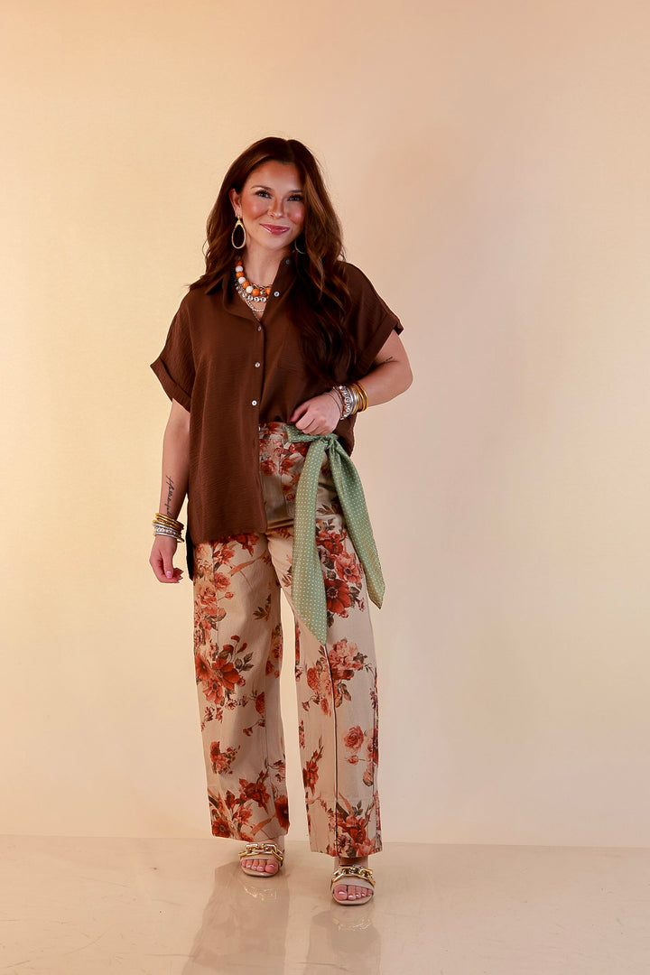 Made to Flourish Floral Print Wide Leg Denim Pants with Front Seam in Tan and Rust
