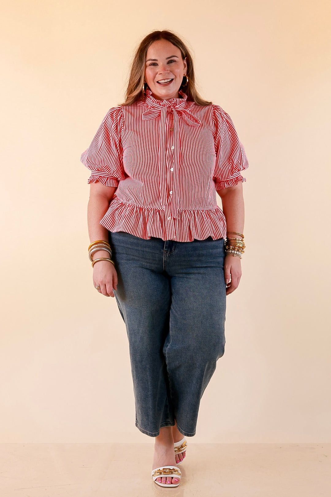 Tea Time Charm Tie Neck Puff Sleeve Peplum Button Front Stripe Blouse in Red
