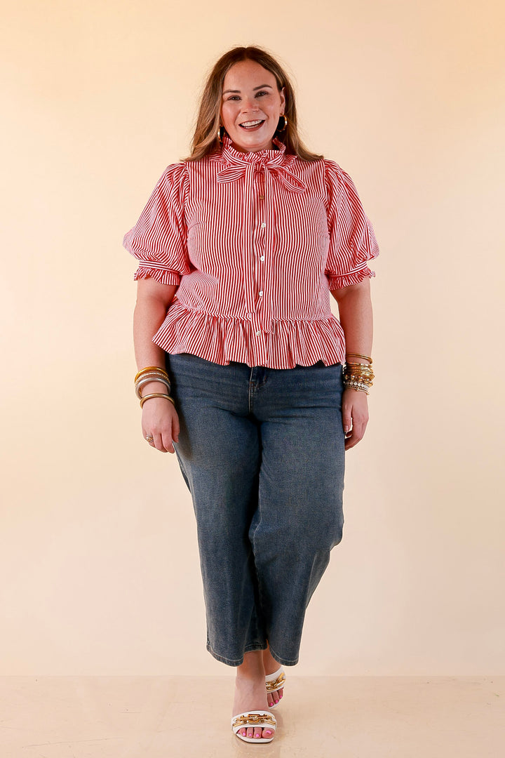 Tea Time Charm Tie Neck Puff Sleeve Peplum Button Front Stripe Blouse in Red