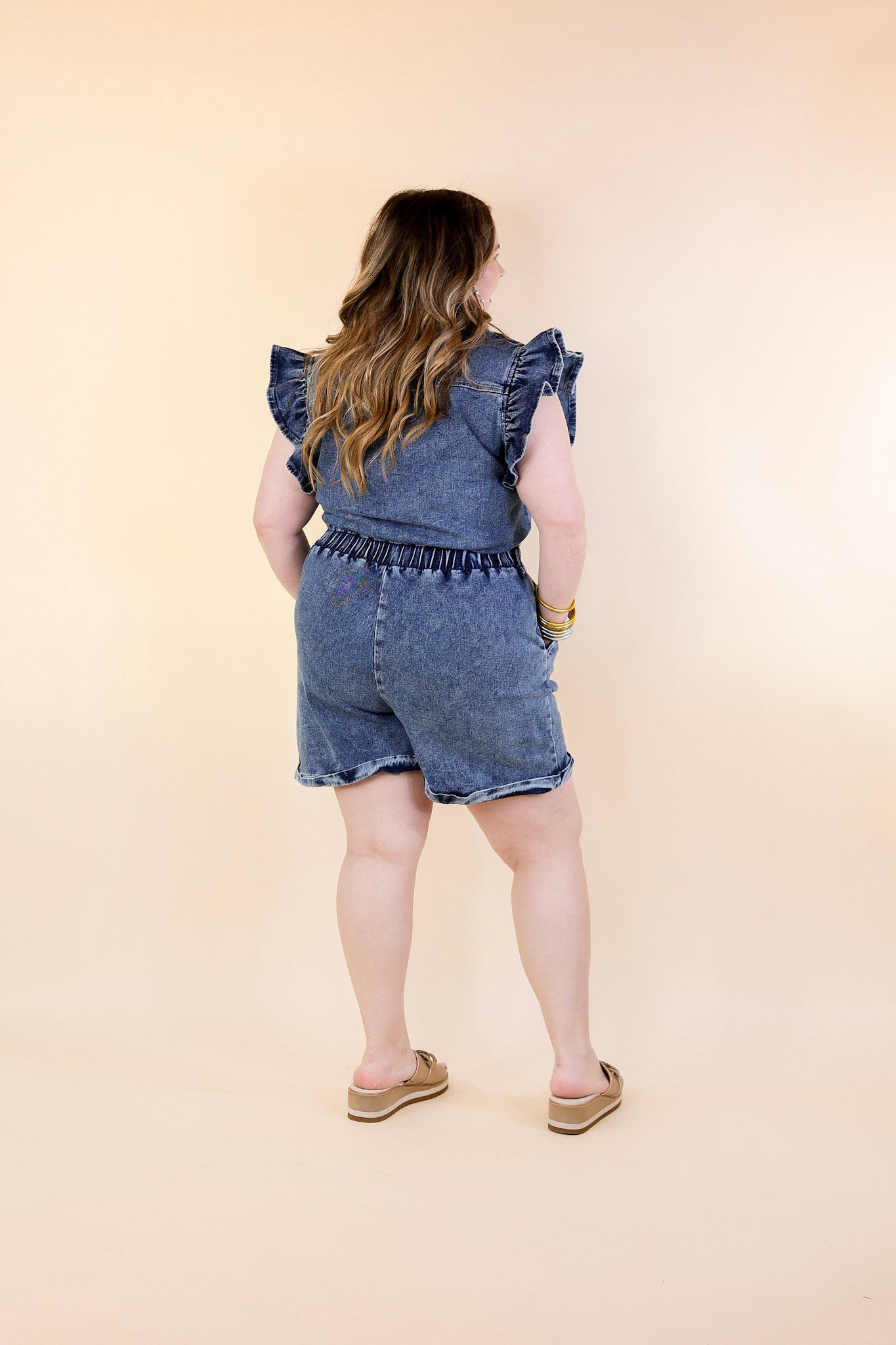 Feminine Flair Denim Romper with Ruffles and Collar in Medium Wash