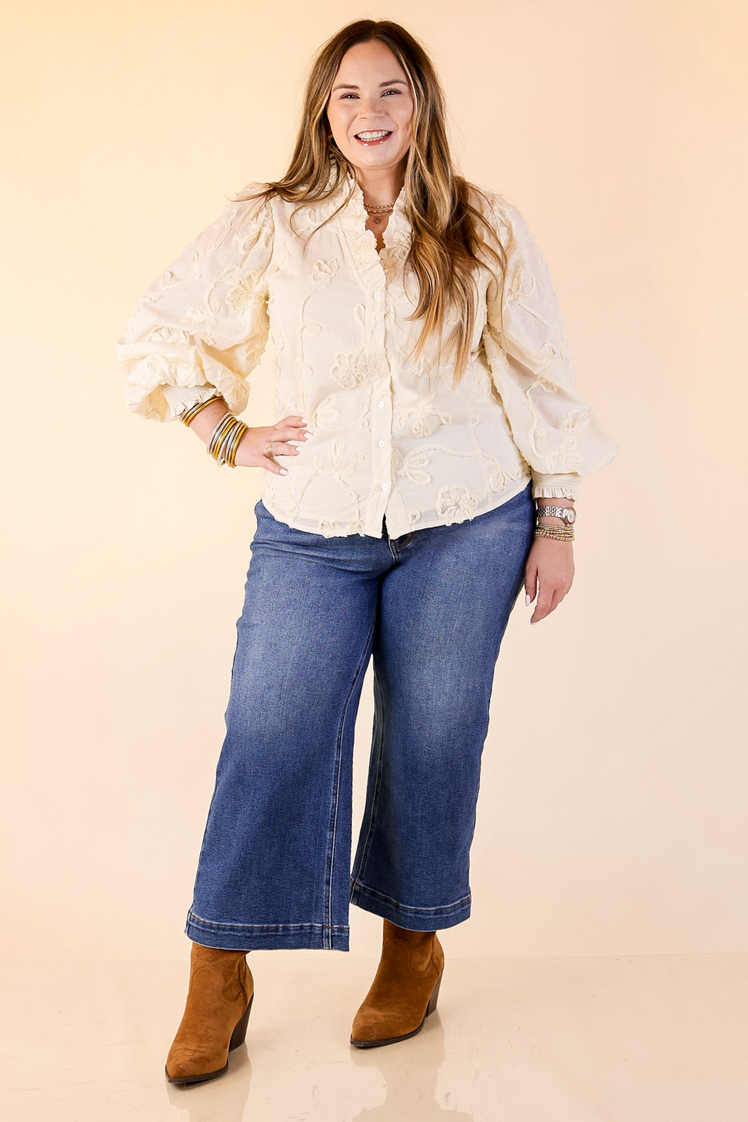 Timeless Romance Ruffled V Neck Floral Applique Embroidered Top in Cream