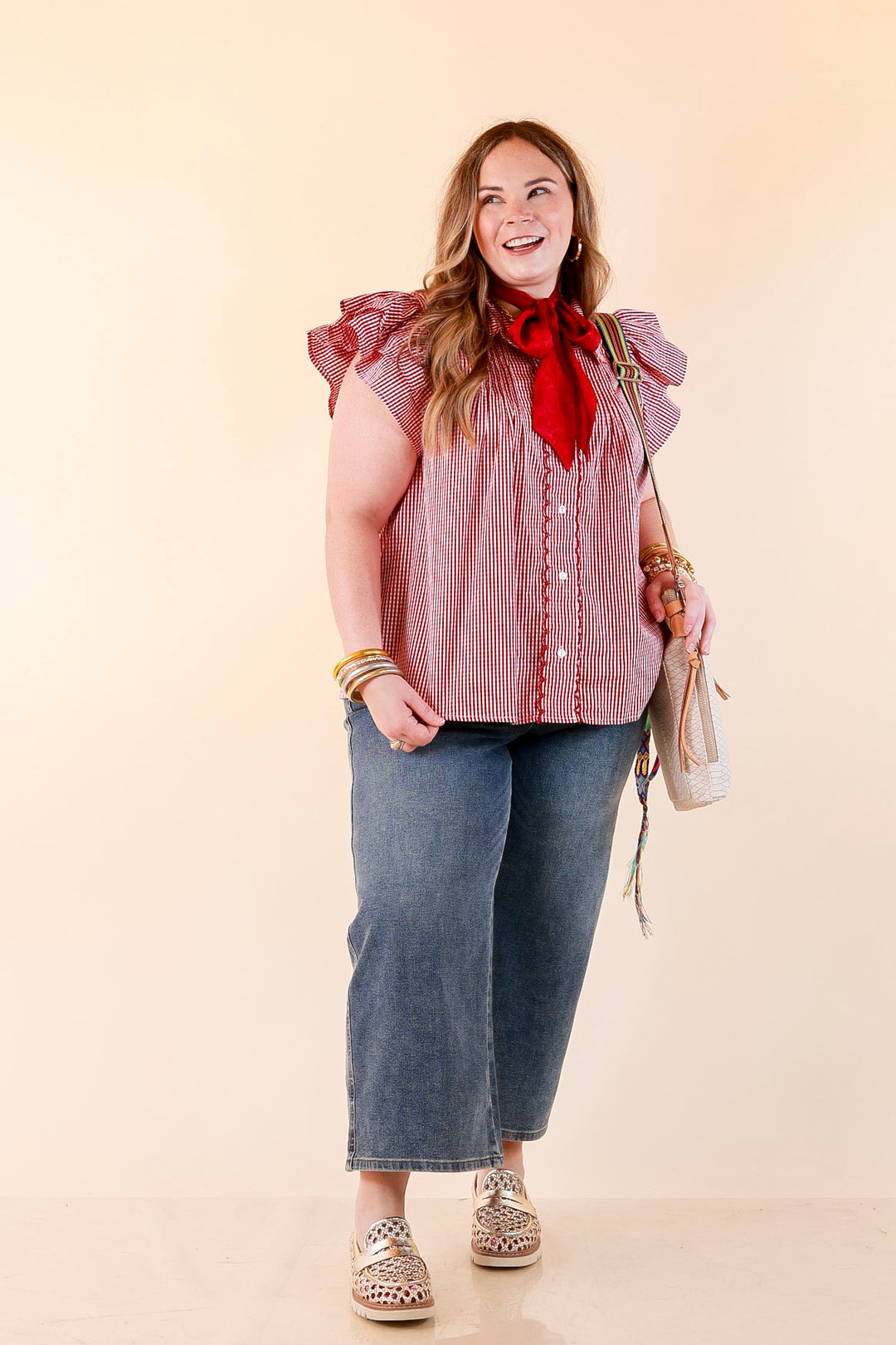 Front Porch Favorite Ruffle Sleeve Button Front Gingham Blouse with Scallop Trim in Dark Crimson Red