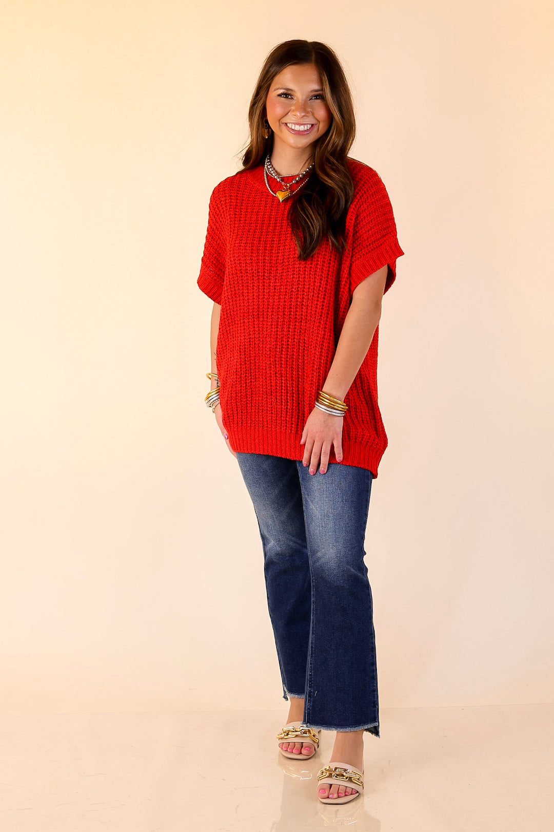 Tried and True Short Sleeve Oversized Knit Sweater in Red