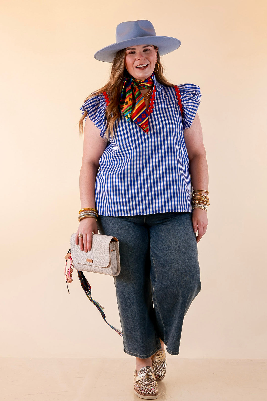 Sweet Tea Social Ruffle Sleeve Gingham Top with Ric Rac Trim in Royal Blue