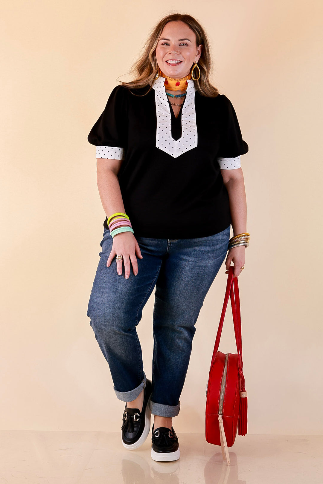 Confidently Yours Contrast Polka Dot Trim Puff Sleeve Top in Black