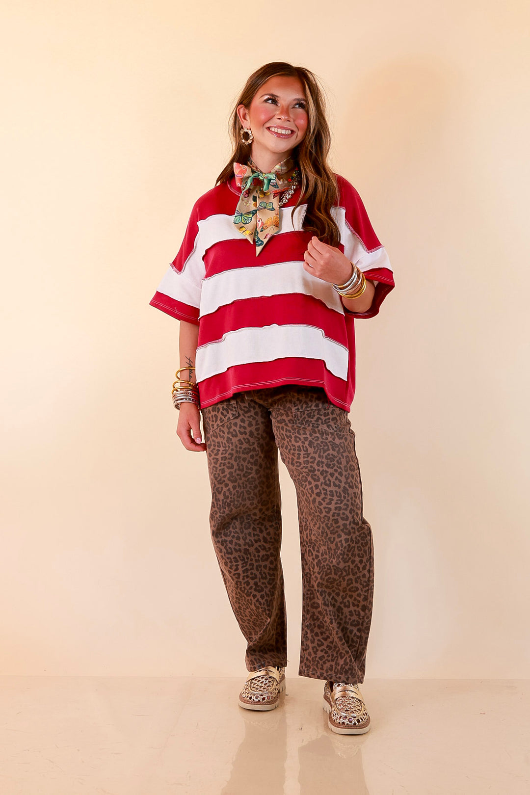 Simply Styled Color Block Rugby Style Relaxed Short Sleeve Top in Magenta Purple